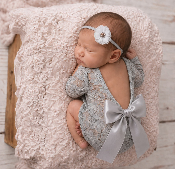 Babymoon Set of 2 | Lace Romper with Hairband Photoshoot Props Costume | 0-1 Month | Grey