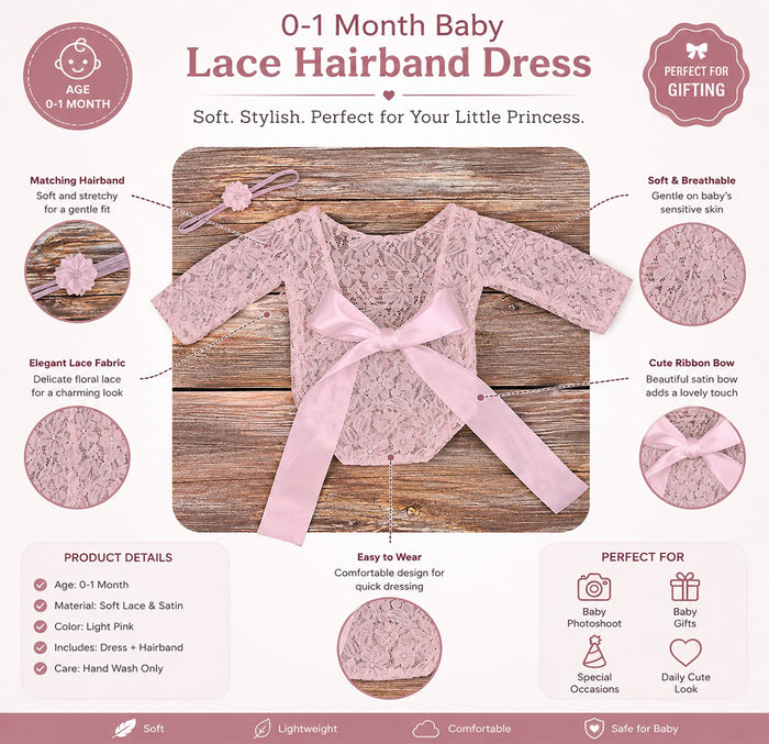 Babymoon Set of 2 | Lace Romper with Hairband Photoshoot Props Costume | 0-1 Month | Pink