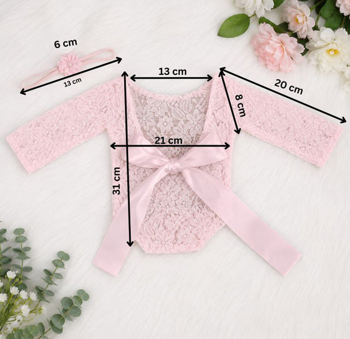 Babymoon Set of 2 | Lace Romper with Hairband Photoshoot Props Costume | 0-1 Month | Pink
