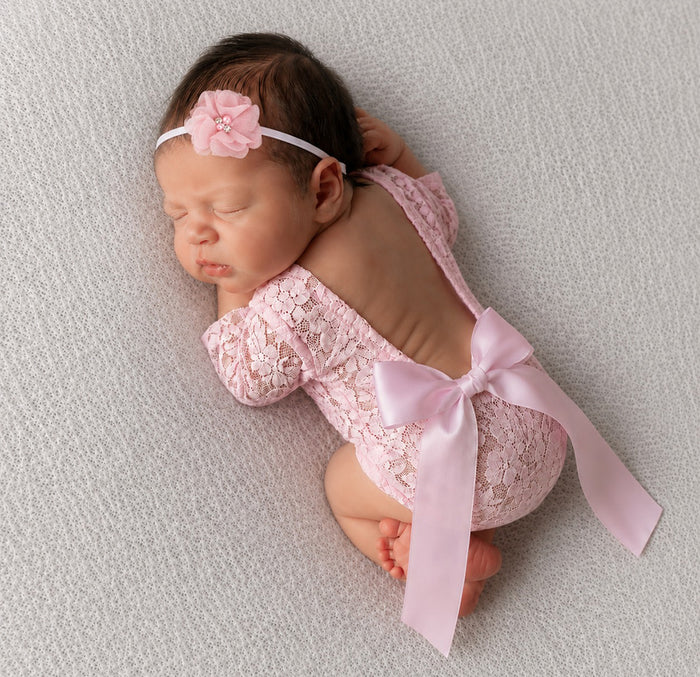 Babymoon Set of 2 | Lace Romper with Hairband Photoshoot Props Costume | 0-1 Month | Pink