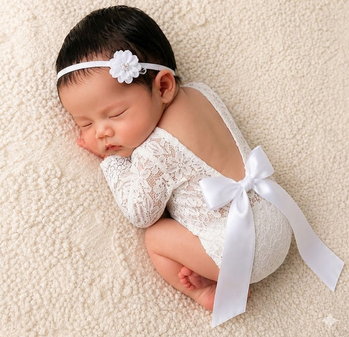 Babymoon Set of 2 | Lace Romper with Hairband Photoshoot Props Costume | 0-1 Month | White