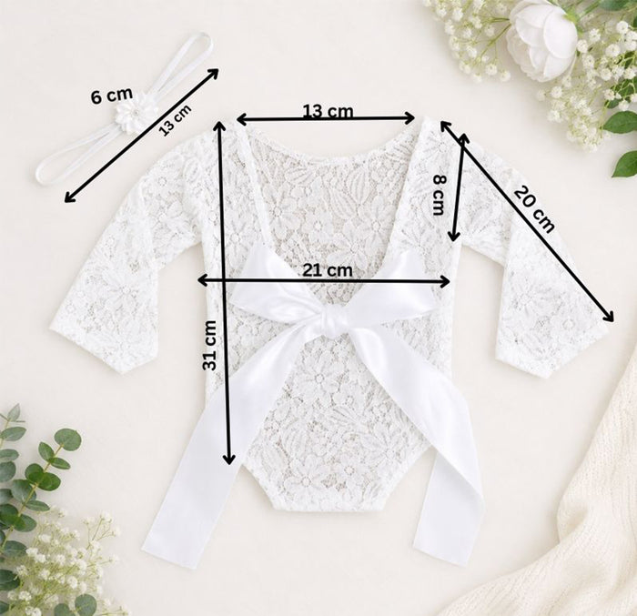 Babymoon Set of 2 | Lace Romper with Hairband Photoshoot Props Costume | 0-1 Month | White
