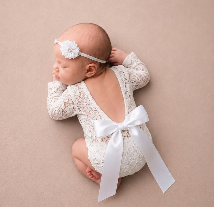 Babymoon Set of 2 | Lace Romper with Hairband Photoshoot Props Costume | 0-1 Month | White