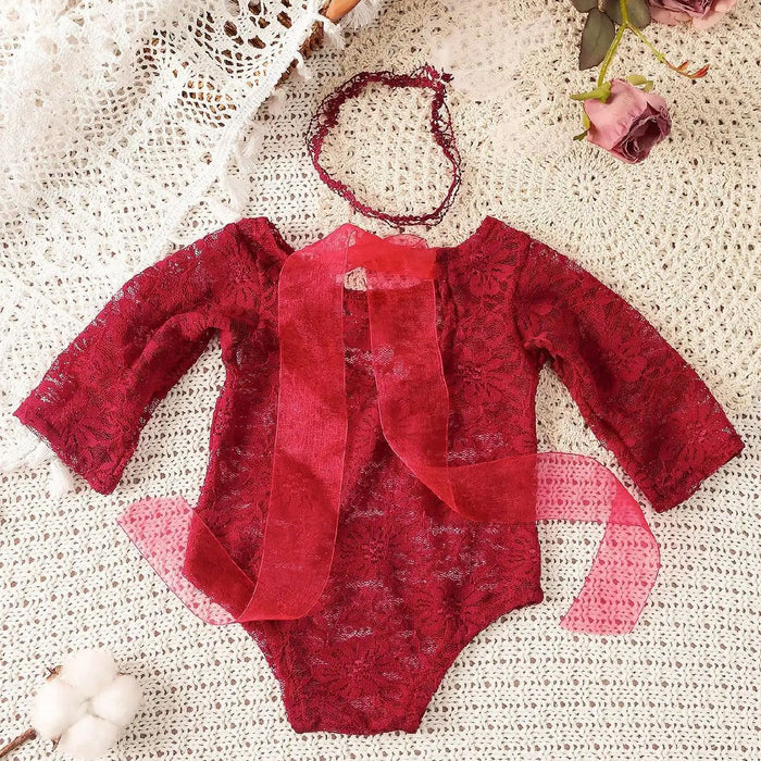 Babymoon Set of 2 | Net Lace Romper & Hairband | Baby Photoshoot Props Costumes | 0-1 Month
