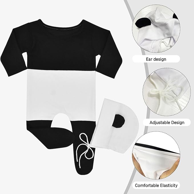 Babymoon | Set of 2 | Panda Romper Bodysuit with Hat | Baby Photography Props | Costumes
