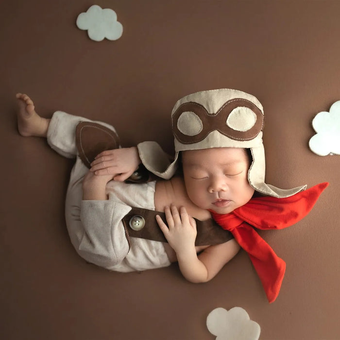 Babymoon Set of 3 | Avaitor Costume | Suspender, Hat, Scarf | Baby Photoshoot Props | 0-1 Month