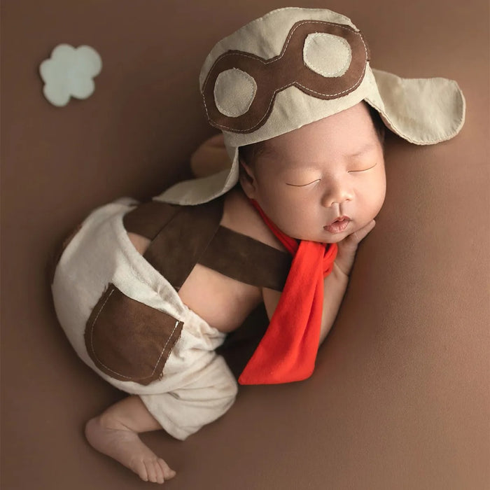 Babymoon Set of 3 | Avaitor Costume | Suspender, Hat, Scarf | Baby Photoshoot Props | 0-1 Month