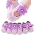 Babymoon Set of 3 | Non-Skid, Anti Slip Pearl Bow Flower Baby Socks Gift Box | Safety Protector | 0-12M | Purple