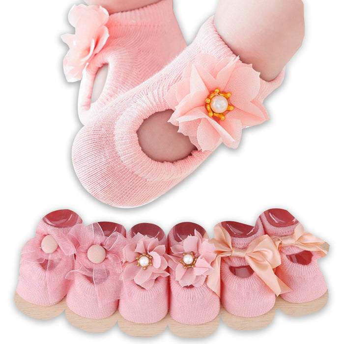 Babymoon Set of 3 | Non-Skid, Anti Slip Pearl Bow Flower Baby Socks Gift Box | Safety Protector | 0-12M | Pink