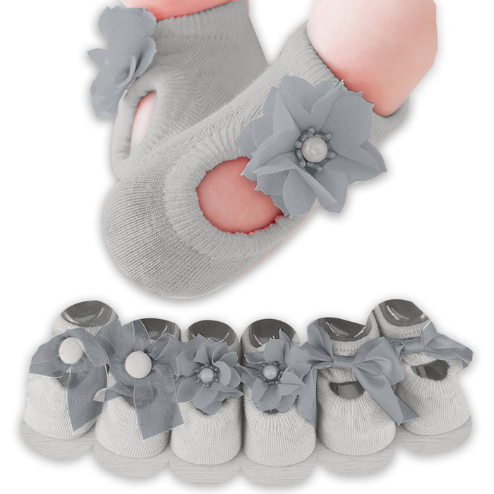 Babymoon Set of 3 | Non-Skid, Anti Slip Pearl Bow Flower Baby Socks Gift Box | Safety Protector | 0-12M | Grey