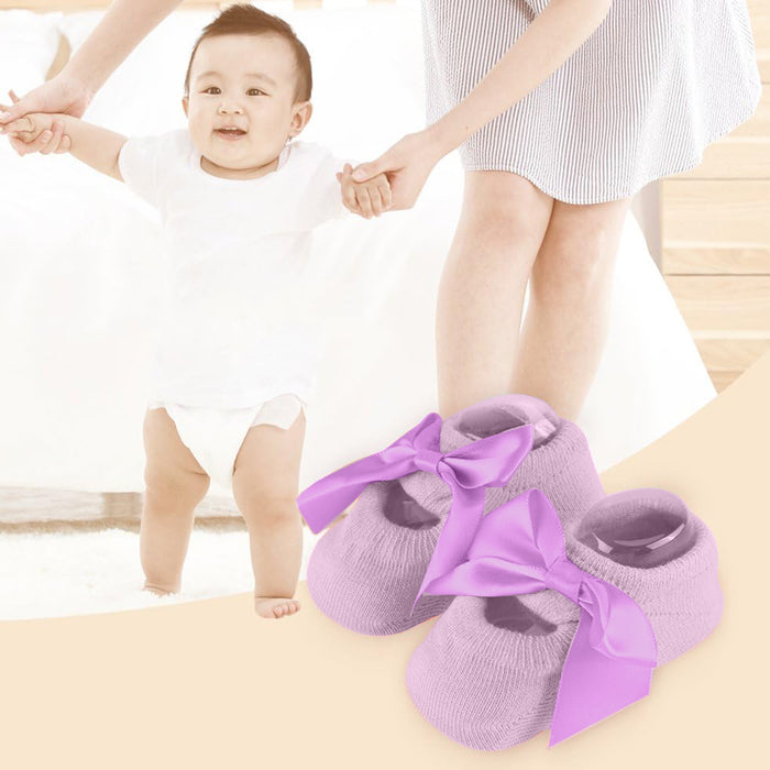 Babymoon Set of 3 | Non-Skid, Anti Slip Pearl Bow Flower Baby Socks Gift Box | Safety Protector | 0-12M | Purple