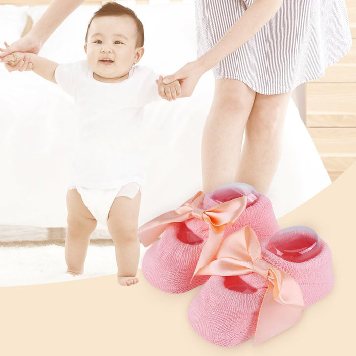 Babymoon Set of 3 | Non-Skid, Anti Slip Pearl Bow Flower Baby Socks Gift Box | Safety Protector | 0-12M | Pink