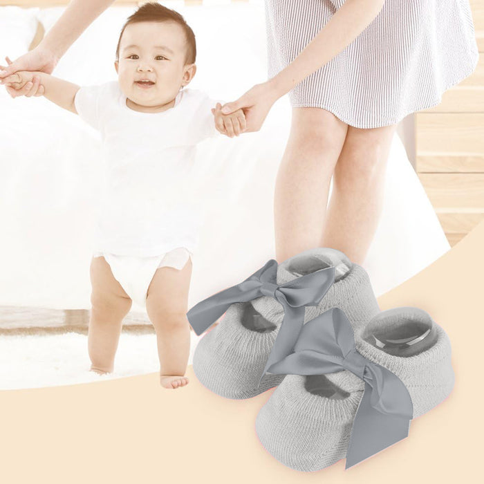 Babymoon Set of 3 | Non-Skid, Anti Slip Pearl Bow Flower Baby Socks Gift Box | Safety Protector | 0-12M | Grey