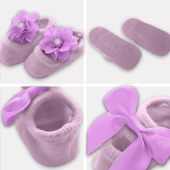 Babymoon Set of 3 | Non-Skid, Anti Slip Pearl Bow Flower Baby Socks Gift Box | Safety Protector | 0-12M | Purple