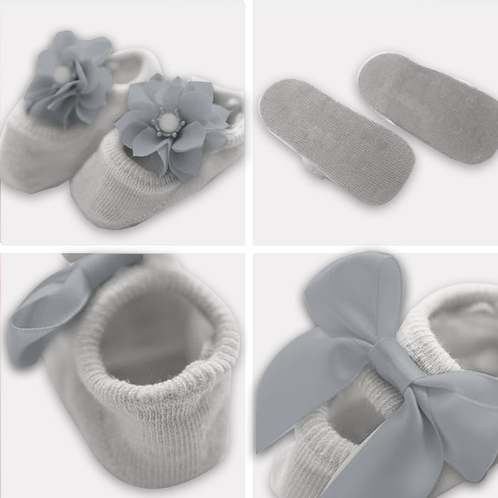 Babymoon Set of 3 | Non-Skid, Anti Slip Pearl Bow Flower Baby Socks Gift Box | Safety Protector | 0-12M | Grey