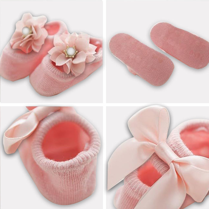 Babymoon Set of 3 | Non-Skid, Anti Slip Pearl Bow Flower Baby Socks Gift Box | Safety Protector | 0-12M | Pink