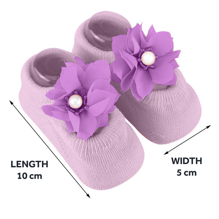 Babymoon Set of 3 | Non-Skid, Anti Slip Pearl Bow Flower Baby Socks Gift Box | Safety Protector | 0-12M | Purple