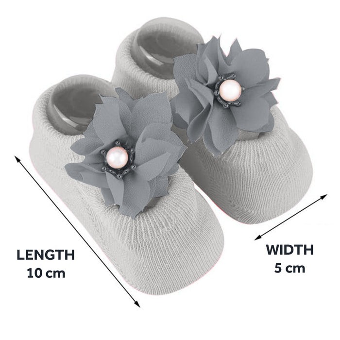 Babymoon Set of 3 | Non-Skid, Anti Slip Pearl Bow Flower Baby Socks Gift Box | Safety Protector | 0-12M | Grey