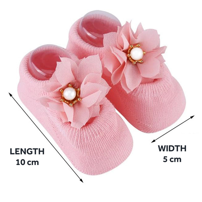Babymoon Set of 3 | Non-Skid, Anti Slip Pearl Bow Flower Baby Socks Gift Box | Safety Protector | 0-12M | Pink