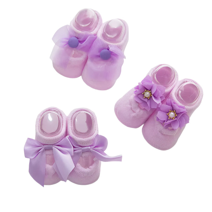 Babymoon Set of 3 | Non-Skid, Anti Slip Pearl Bow Flower Baby Socks Gift Box | Safety Protector | 0-12M | Purple
