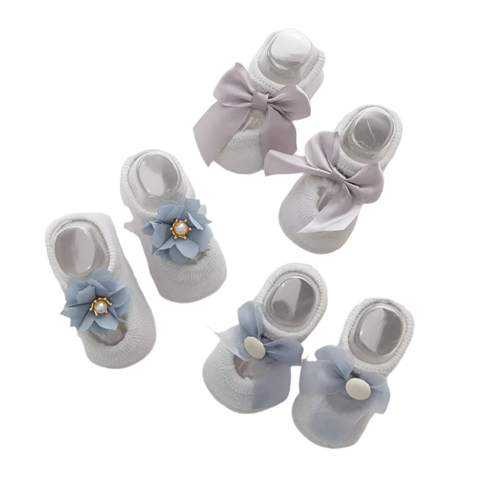 Babymoon Set of 3 | Non-Skid, Anti Slip Pearl Bow Flower Baby Socks Gift Box | Safety Protector | 0-12M | Grey