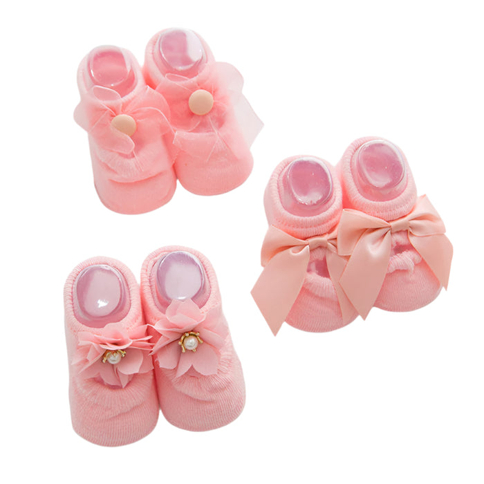 Babymoon Set of 3 | Non-Skid, Anti Slip Pearl Bow Flower Baby Socks Gift Box | Safety Protector | 0-12M | Pink