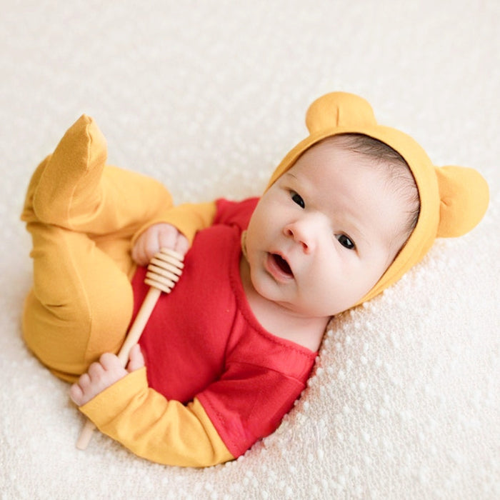 Babymoon Set of 3 | Stretchable Bodysuit, Cap and Honey Stick | Baby Photoshoot Props Costume | 0-6 Months | Yellow