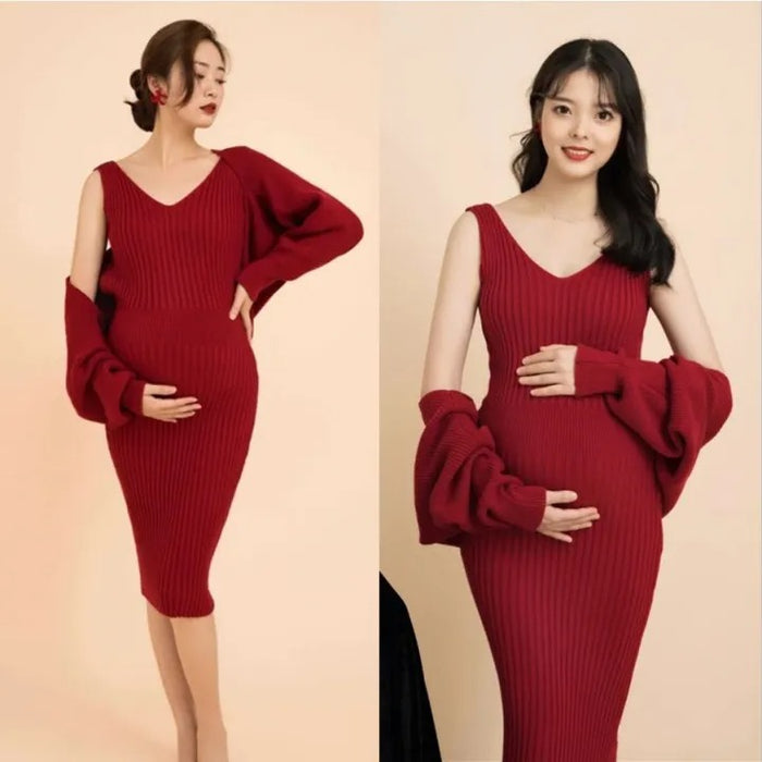 Babymoon Set of 3 | Stretchable Knitted Maternity Gown Dress with Cardigan and Hairband | Size L |Red