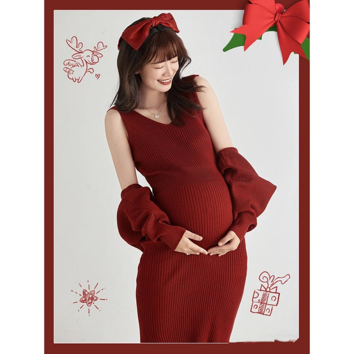 Babymoon Set of 3 | Stretchable Knitted Maternity Gown Dress with Cardigan and Hairband | Size L |Red