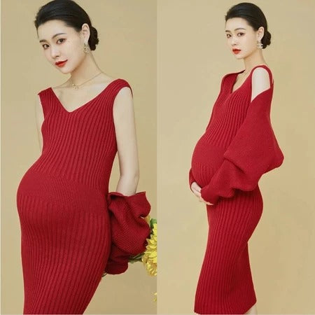 Babymoon Set of 3 | Stretchable Knitted Maternity Gown Dress with Cardigan and Hairband | Size L |Red