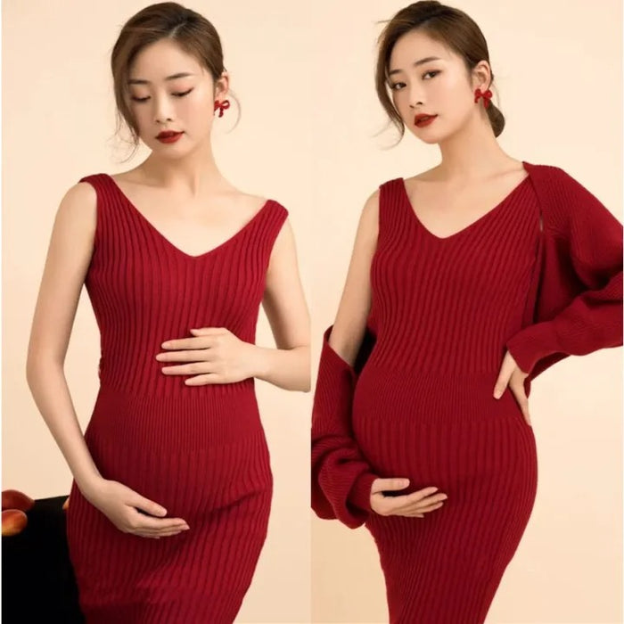 Babymoon Set of 3 | Stretchable Knitted Maternity Gown Dress with Cardigan and Hairband | Size L |Red