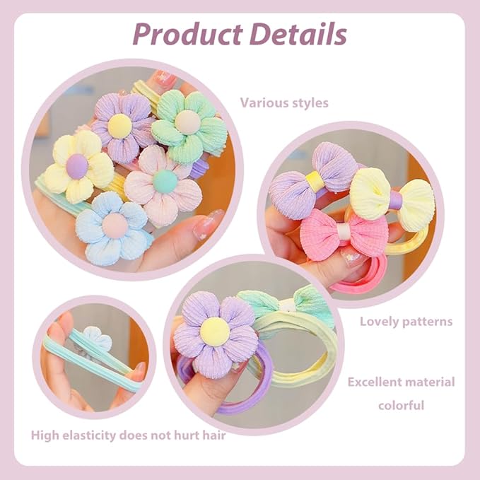 Babymoon Set of 6 | Baby Girl’s Ponytail Pastel Flower Kids Hairband Rings | Fashion Hair Accessories