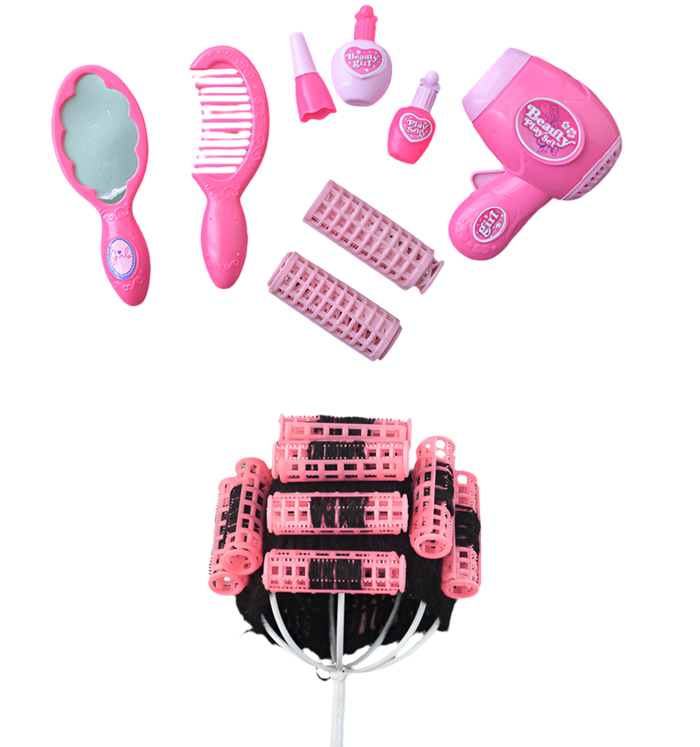 Babymoon | Set of 9 | Baby Hair Curler Wig with Hair Dressing & Make up Kit | Baby Photoshoot Props | Pink