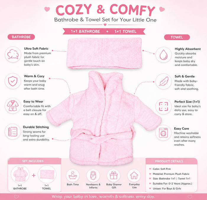 Babymoon Spa Bathrobe & Towel Set Newborn Photography Costume | Baby Gift Set | Pink