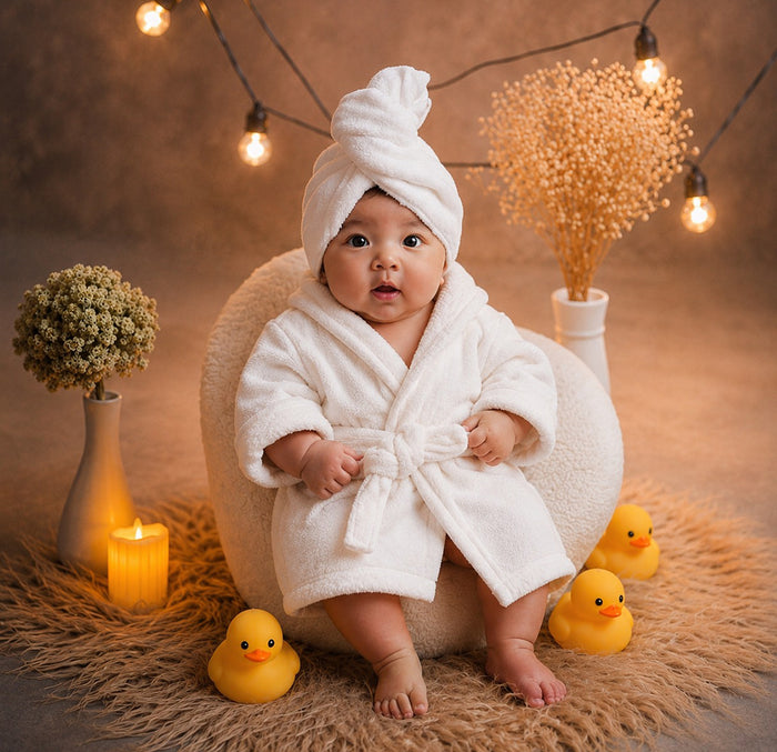 Babymoon Spa Bathrobe & Towel Set Newborn Photography Costume | Baby Gift Set | White