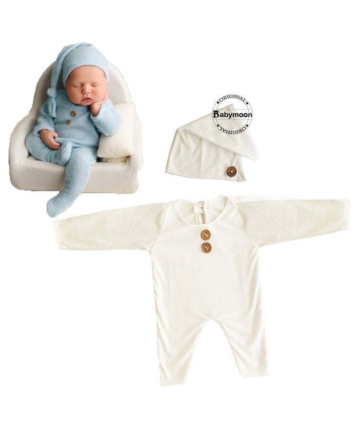 Babymoon Strechable Bodysuit and Hat New Born Outfits Costumes - White