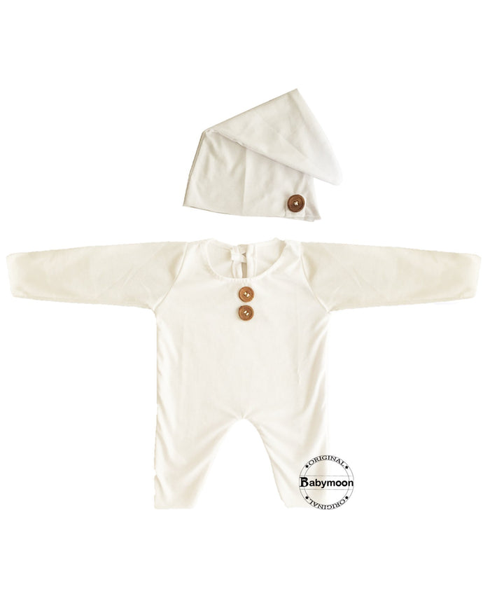 Babymoon Strechable Bodysuit and Hat New Born Outfits Costumes - White