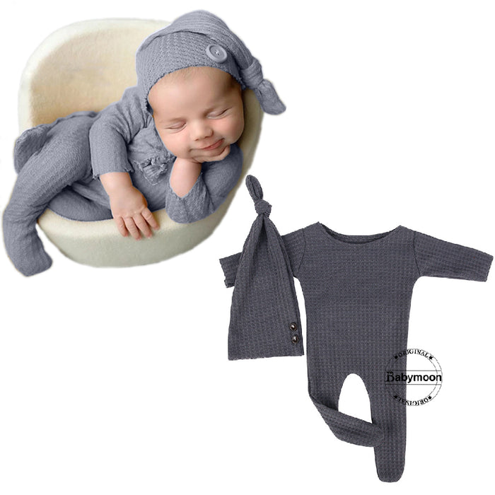 Babymoon Strechable Bodysuit & Cap New Born Outfits Costumes-Grey