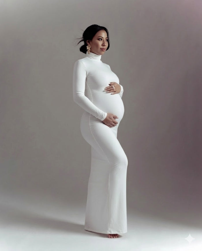 Babymoon Strechable High Neck Full Sleeve Maternity Gown Dress | White