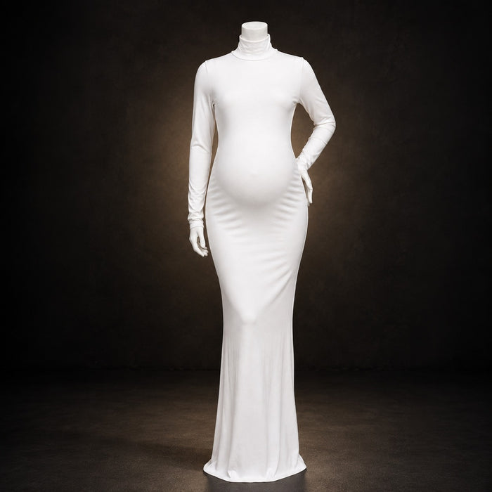 Babymoon Strechable High Neck Full Sleeve Maternity Gown Dress | White