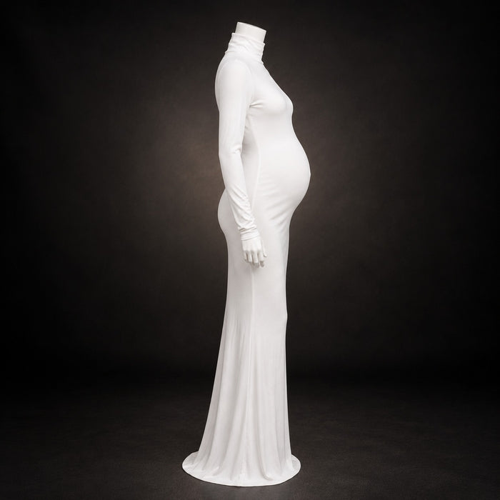 Babymoon Strechable High Neck Full Sleeve Maternity Gown Dress | White