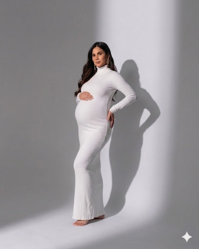 Babymoon Strechable High Neck Full Sleeve Maternity Gown Dress | White