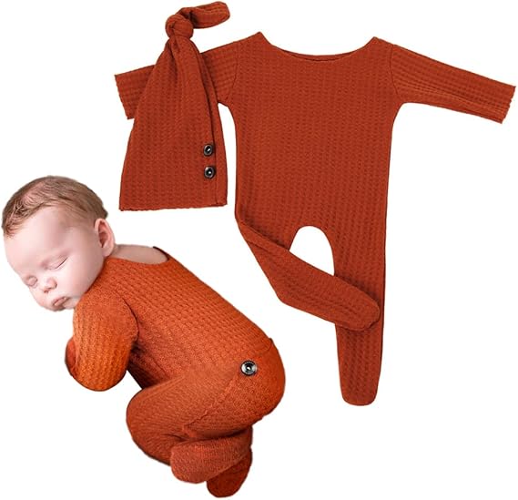 Babymoon Stretchable Bodysuit & Cap New Born Outfits Costumes | Caramel | 0-1 Month