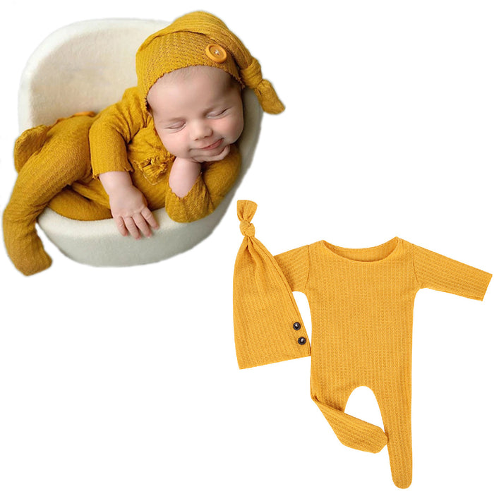 Babymoon Stretchable Bodysuit & Cap New Born Outfits Costumes | Yellow | 0-1 Month