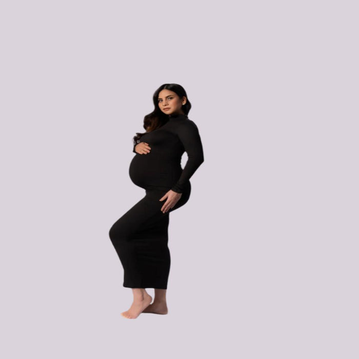 Babymoon Stretchable High Neck Full Sleeve Maternity Gown Dress | Black