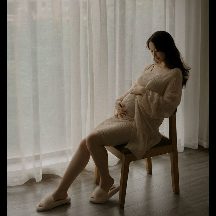 Babymoon Stretchable Knee Length Bodycon Dress with Knitted Shrug Maternity Gown | Size L | Beige