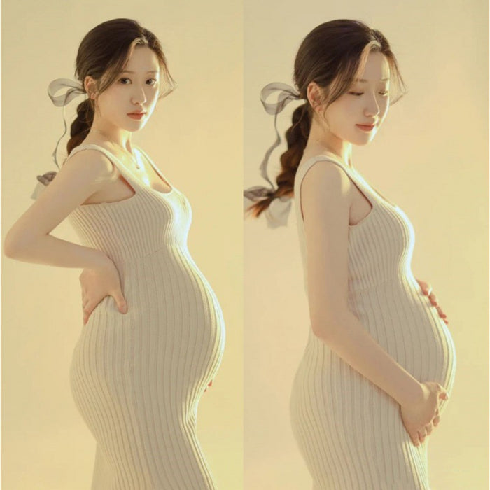 Babymoon Stretchable Knee Length Bodycon Dress with Knitted Shrug Maternity Gown | Size L | Beige