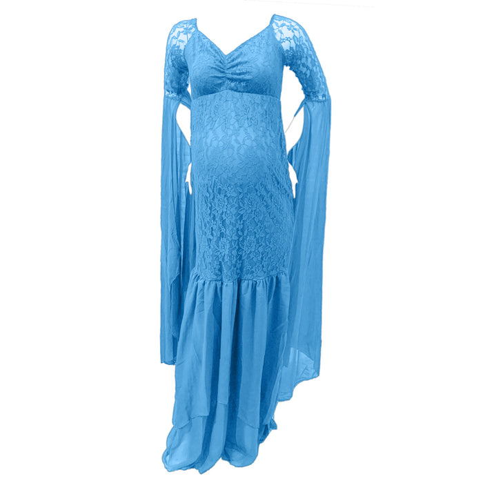 Babymoon Stretchable Off Shoulder Dropping Sleeve Maternity Gown Dress | Blue