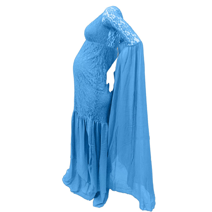 Babymoon Stretchable Off Shoulder Dropping Sleeve Maternity Gown Dress | Blue