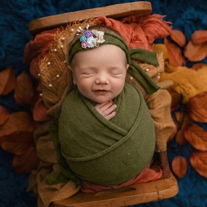 Babymoon Textured Stretchble Baby Photography Shoot Wrap Cloth With Hairband - Dark Green
